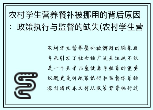 农村学生营养餐补被挪用的背后原因：政策执行与监督的缺失(农村学生营养餐出现的问题)