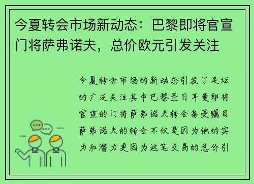 今夏转会市场新动态：巴黎即将官宣门将萨弗诺夫，总价欧元引发关注