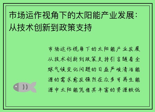 市场运作视角下的太阳能产业发展：从技术创新到政策支持