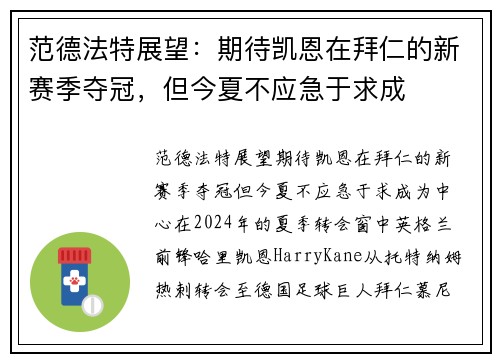 范德法特展望：期待凯恩在拜仁的新赛季夺冠，但今夏不应急于求成