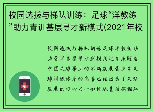 校园选拔与梯队训练：足球“洋教练”助力青训基层寻才新模式(2021年校园足球d级教练培训)