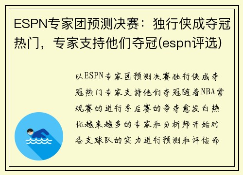 ESPN专家团预测决赛：独行侠成夺冠热门，专家支持他们夺冠(espn评选)